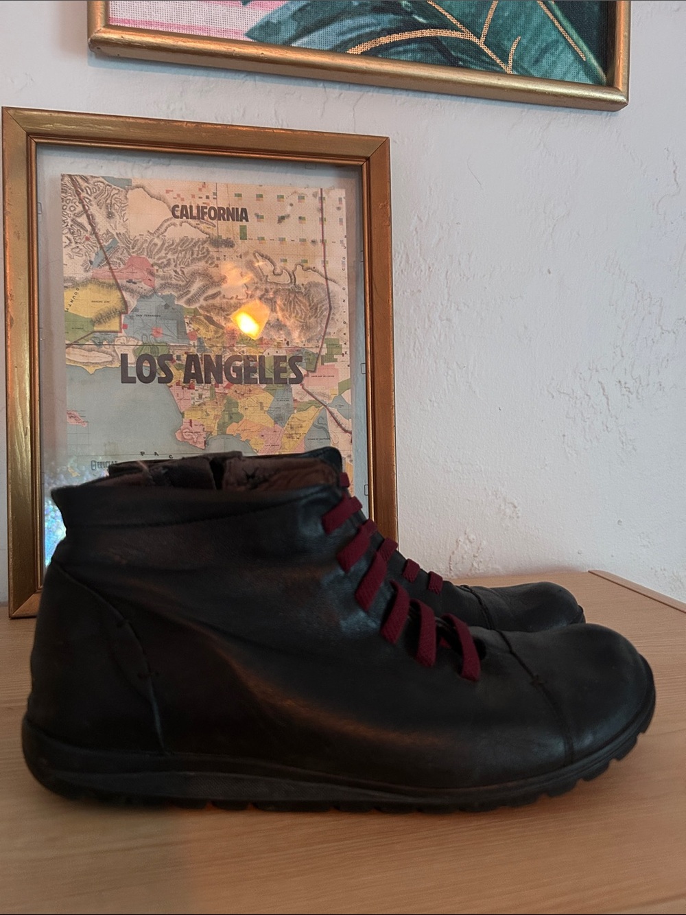 Women’s Fluchos Comidad Absoluta Black Leather Ankle Boots with Burgundy Laces